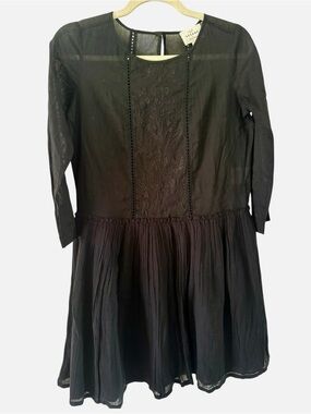 Sézane Pasadena Black Cotton embroidered folk dress Parisian Chic Small (36)